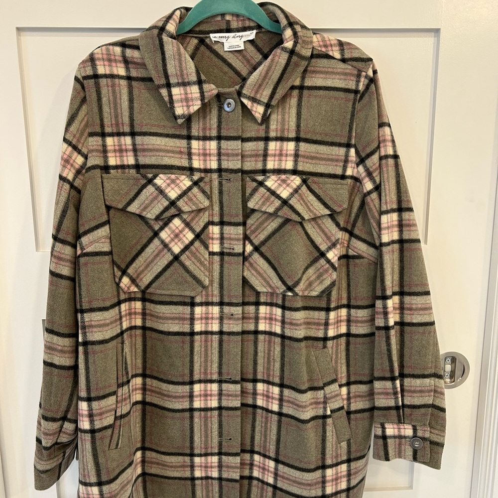 Cozy Plaid Utility Jacket - Tan and Pink